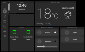TabletUI mit Stauts-Meldungen, Schaltern und Dimmer LK35 für Stehlampe